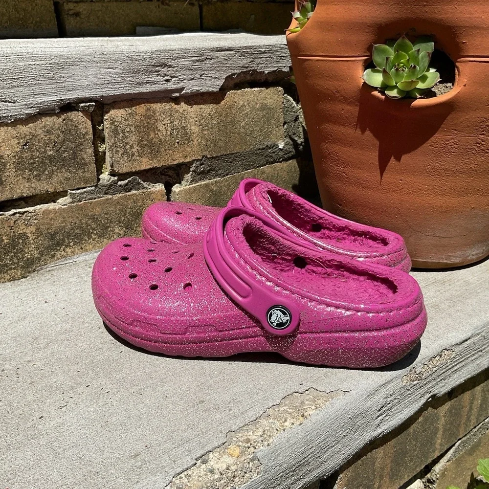Crocs Youth Classic Fur Lined Pink‎ Clog Sparkle Glitter Fuzzy Size Junior 3
